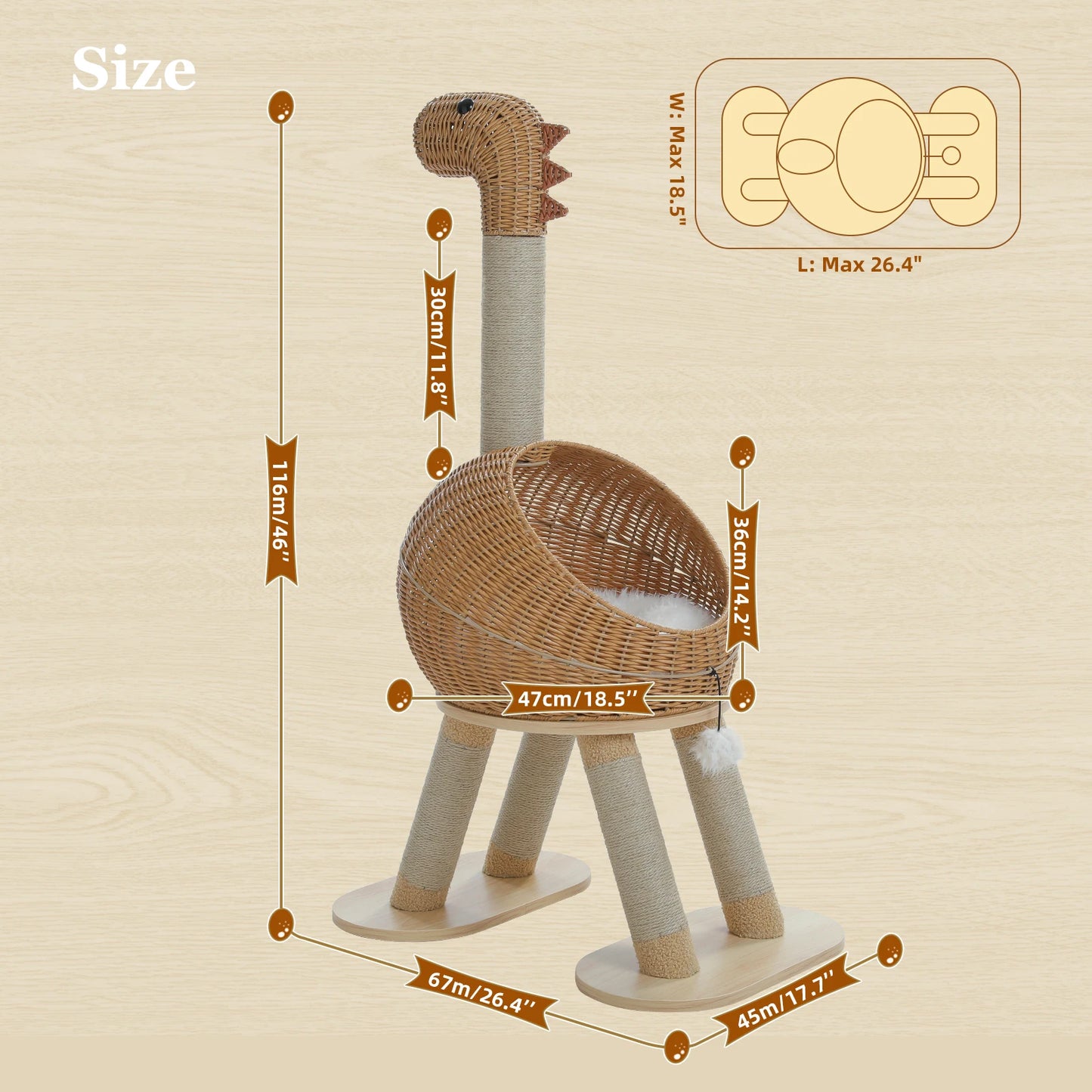 Dinosaur Cat Tree with Sisal Post & Rattan Condo Bed