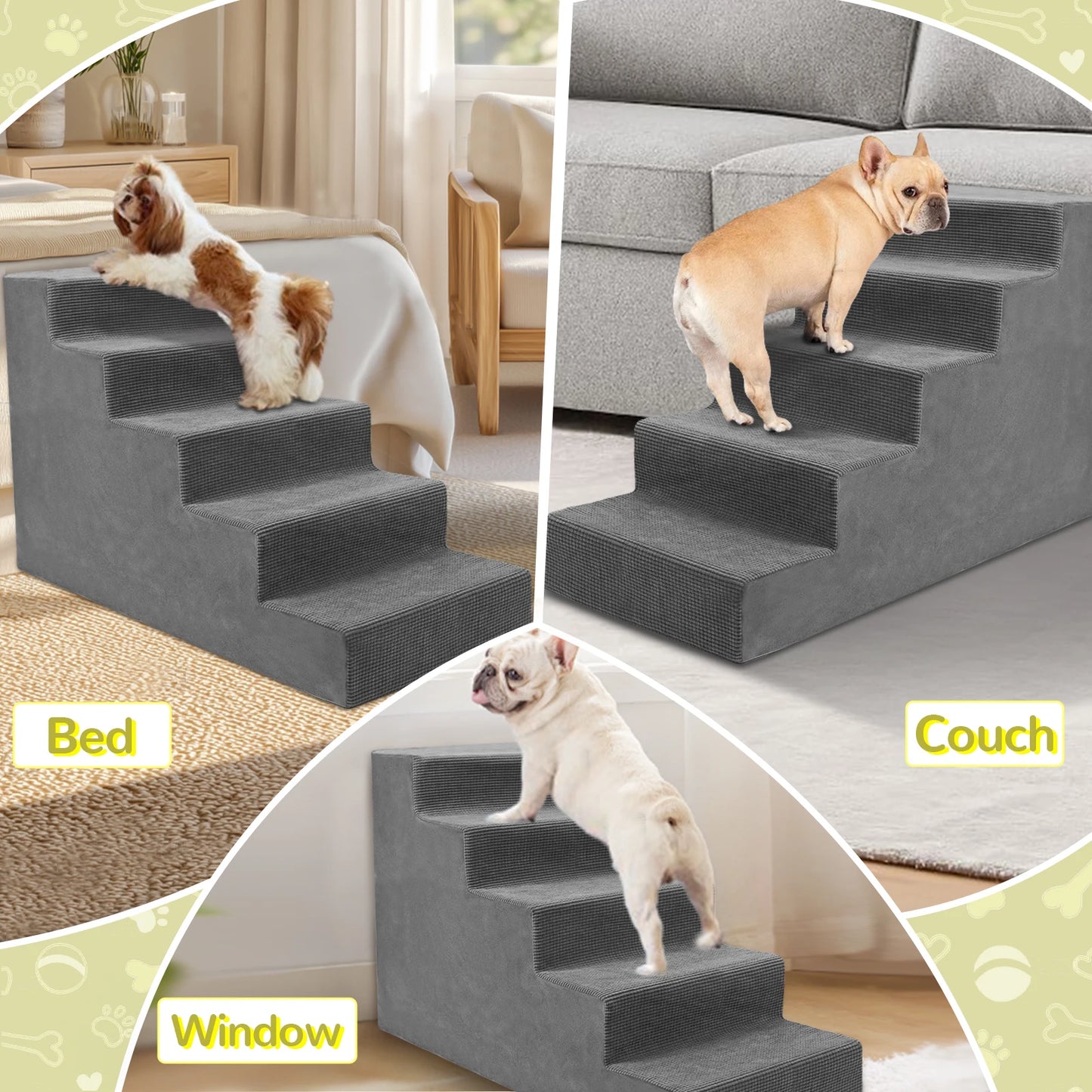 4-Tier/5-Tier Pet Stairs For Small Dogs & Cats, Non-Slip Bottom Design For High Beds & Couches, High-Density Foam Steps