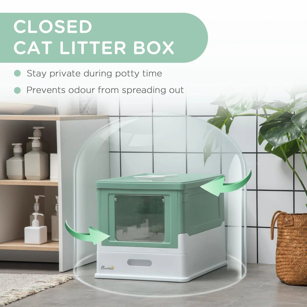 PawHut Fully Enclosed Cat Litter Box with Scoop, Hooded House with Drawer Tray, Foldable Smell - Proof Potty, Front Entry, Top Exit, Portable Pet Toilet, Large Space, Green