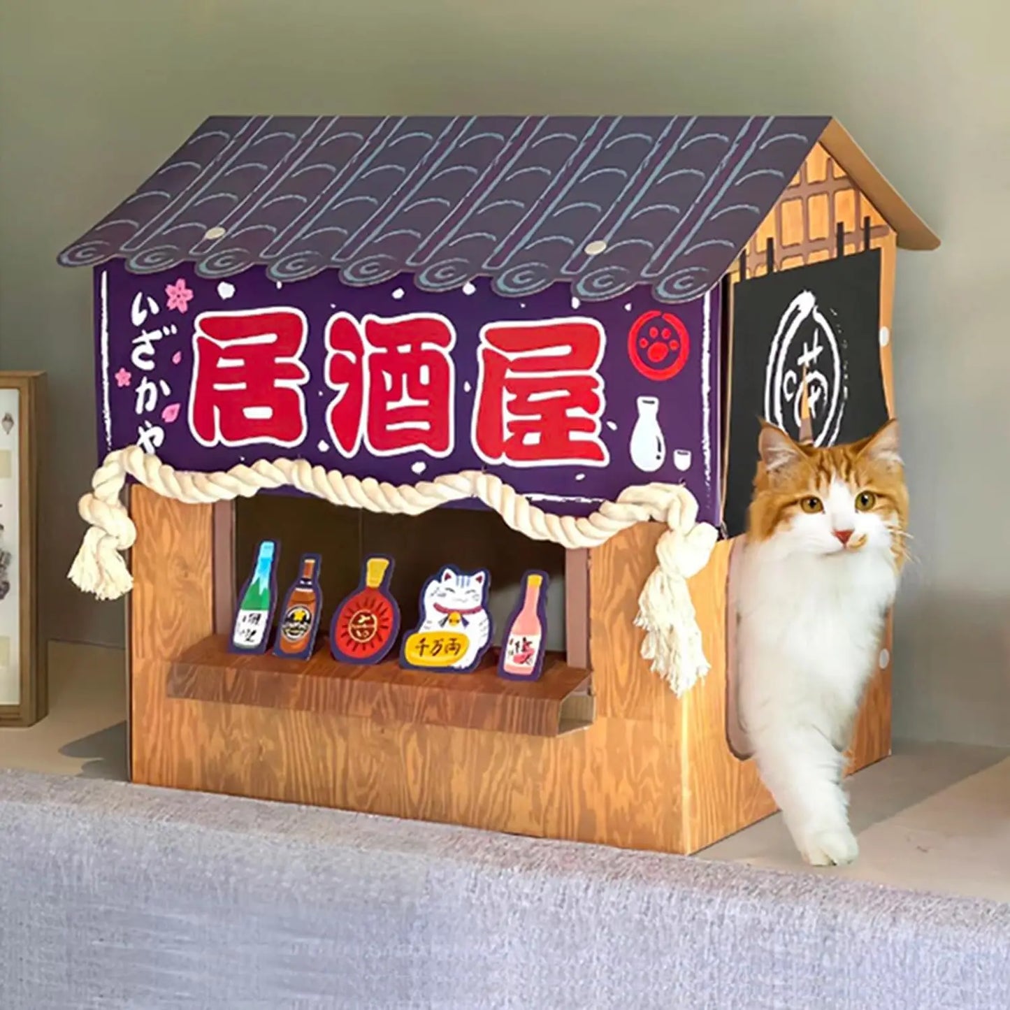 Cat Bed Cardboard House with Scratcher, Izakaya Bar Style, Large Sturdy Indoor Cat Furniture Tent, Easy Assembly Pet Toys