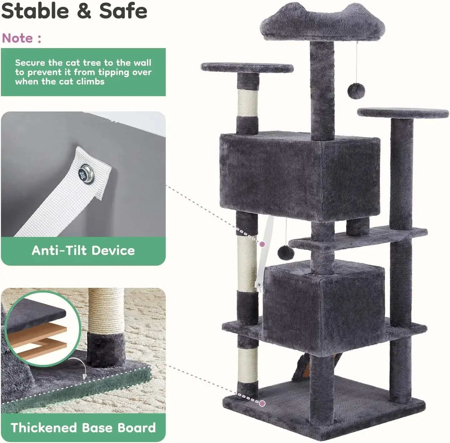 54-Inch Multi-Level Cat Tree for Large Cats with 2 Condos, Scratching Posts, Ladder, Toys, Dark Grey