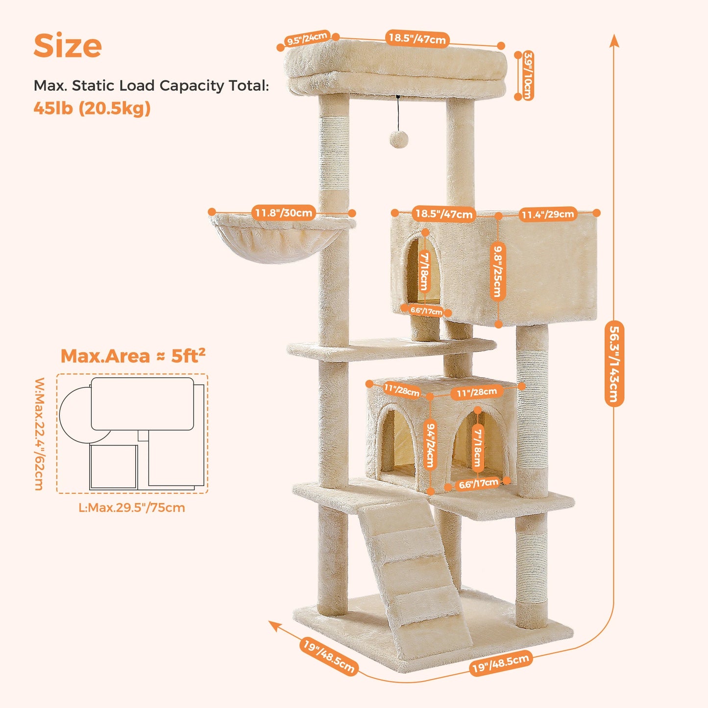 Cat Tree Tower with Condo, Plush Perch, Hammock & Sisal Posts