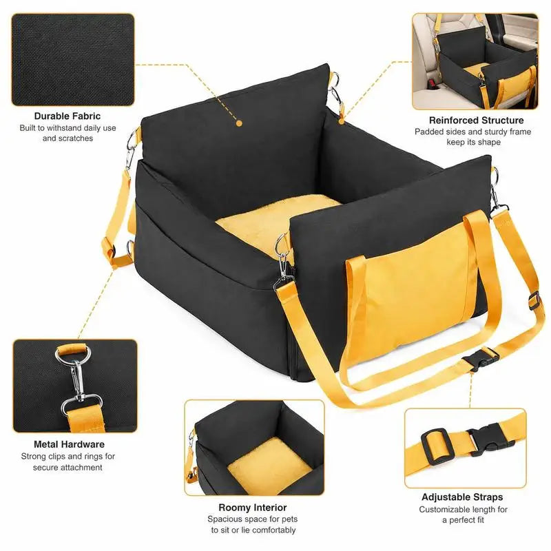 Dog car seat, dog booster seat with side handles and storage bag, attachable safety leash and PP cotton filling, dog car bed for small dogs up to 25 lbs, black