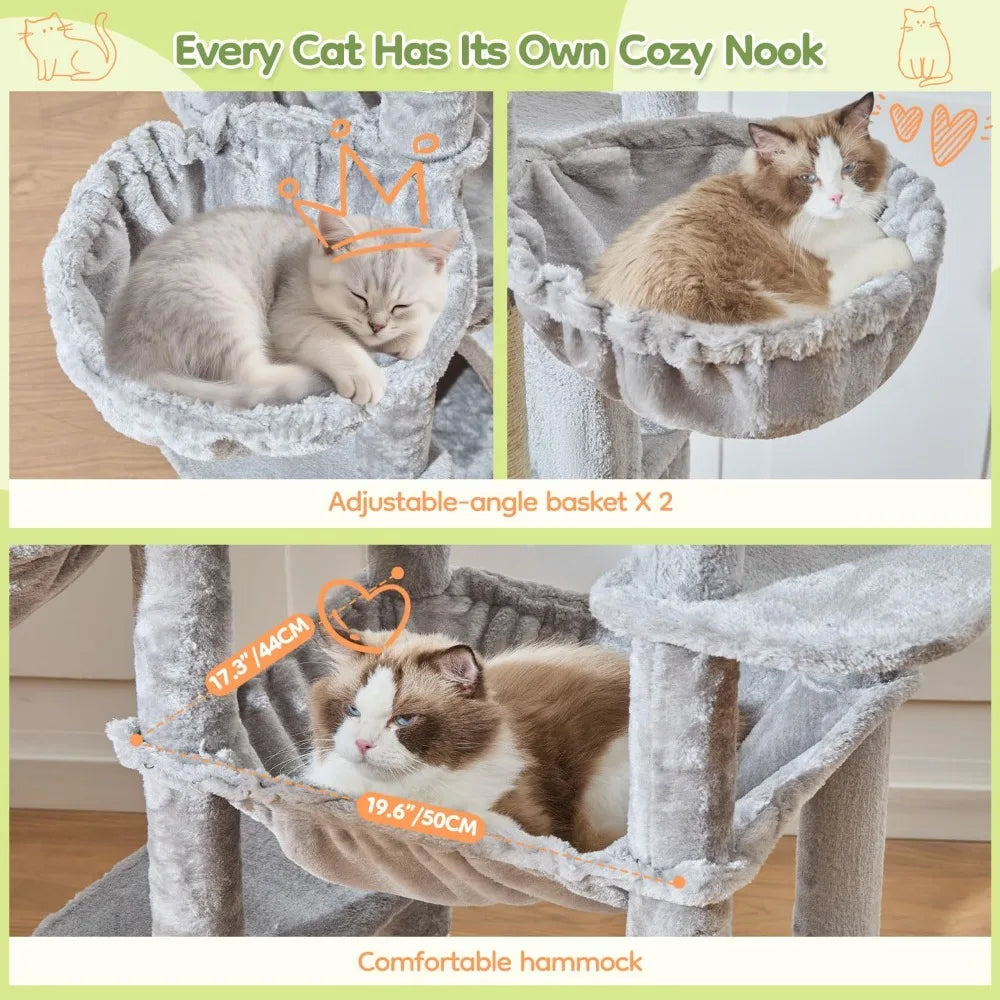 72-Inch XXL Cat Tower for Large Cats 25Lbs+, Extra-Large Platform, 2 Cat Houses, 7 Scratching Posts, Hammock & Basket, Light Gray