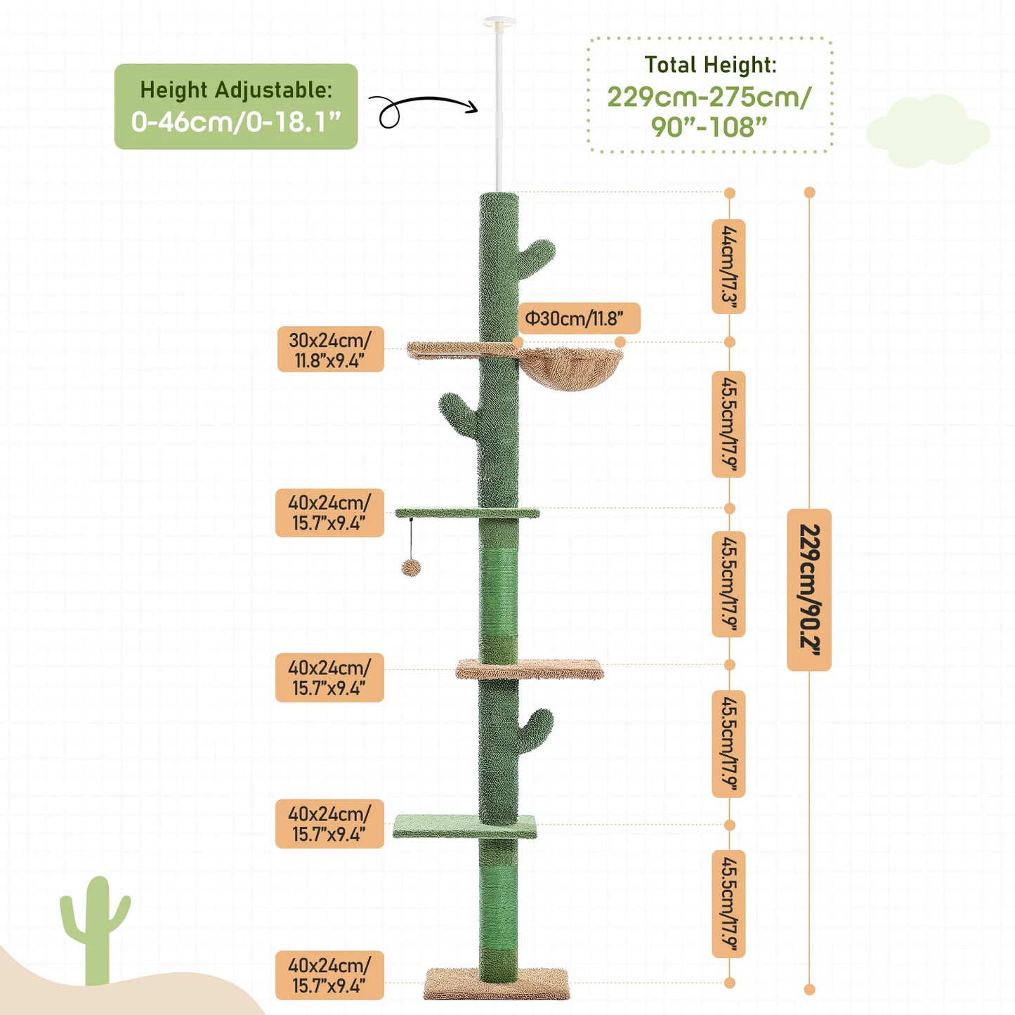 5-Tier Cactus Cat Tower with Scratching Posts & Hammock