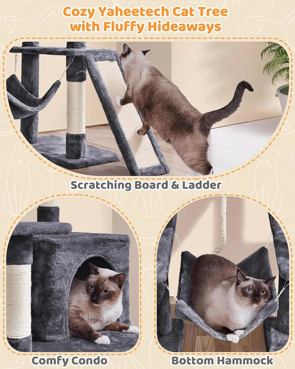 63-Inch Multi-Level Cat Tree with Scratching Posts, Hammock & Condo for Play and Sleep