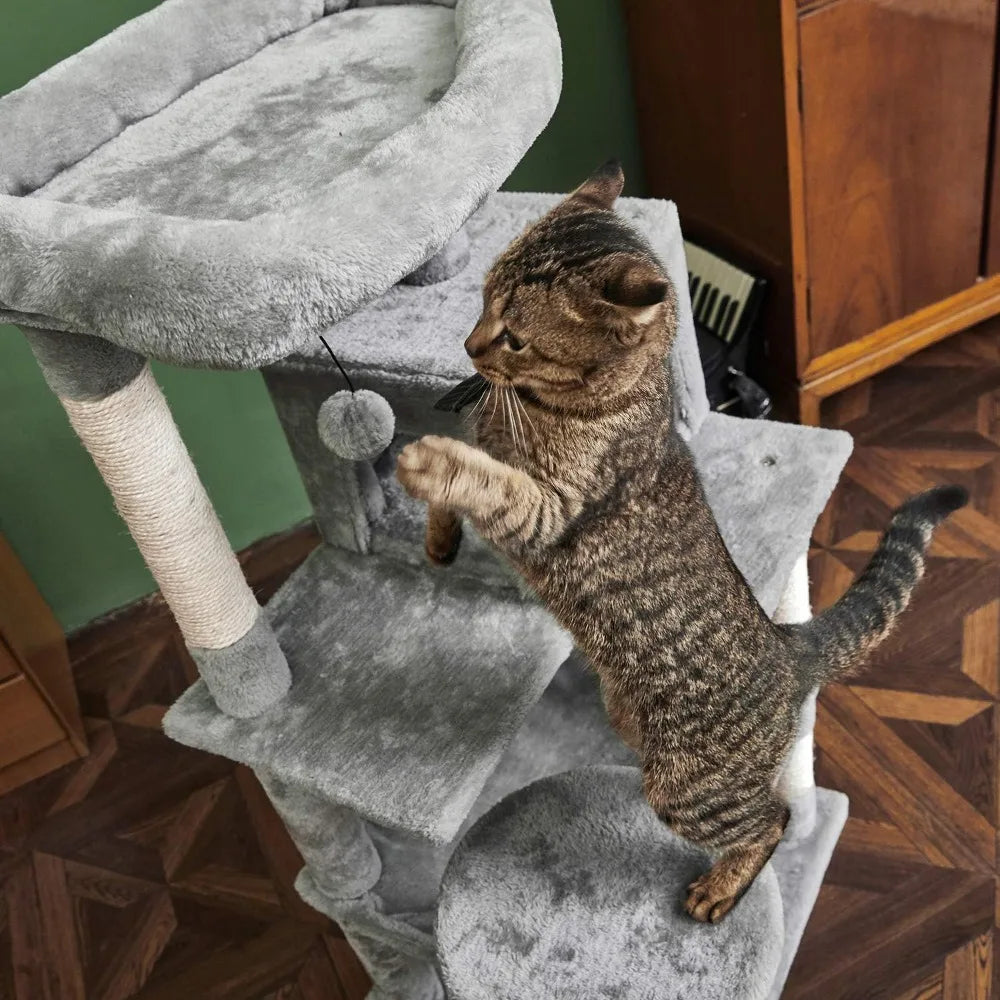 46.5" Multi-Level Cat Tree with Sisal Posts, Plush Perches, Hammock & Condo, Light Gray