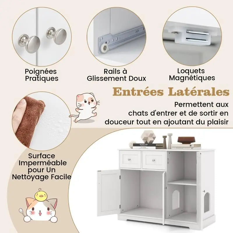 Cat Litter Box Enclosure with 2 Drawers and 3 Doors for Kittens and Adult Cats-White
