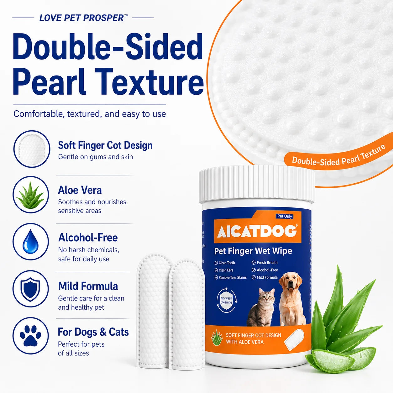 Pet Finger Wipes for Dogs & Cats, 50 Count Dog Dental Wipes & Cat Ear Wipes, Soft Finger Cot Pet Cleaning Wipes for Teeth, Ears & Tear Stains, Alcohol-Free Aloe Vera Grooming Wipes