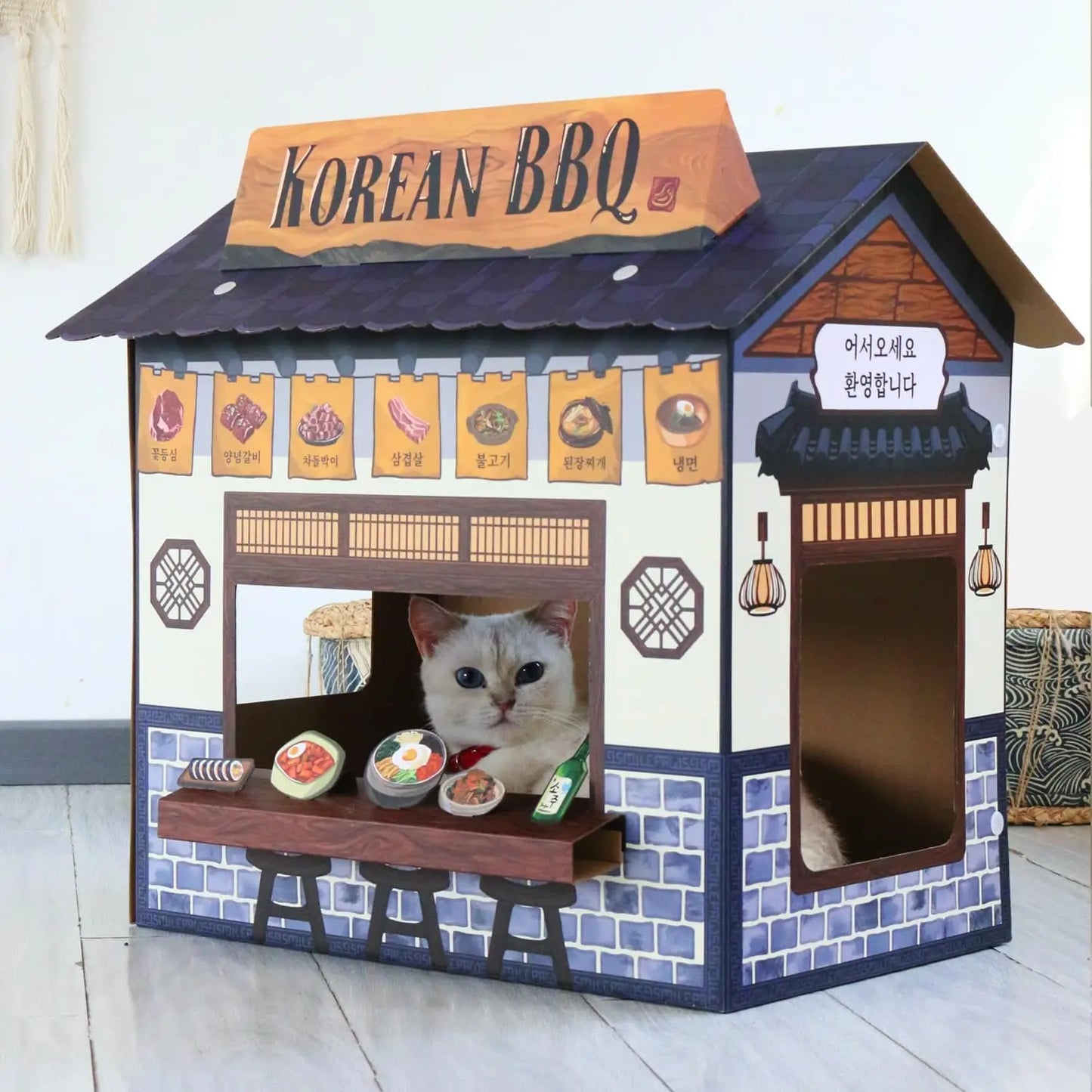 Cardboard Cat House with Scratcher, Large Cat Cave Bed for Indoor Cats, Easy Assembly, Korean BBQ Design, Pet Furniture
