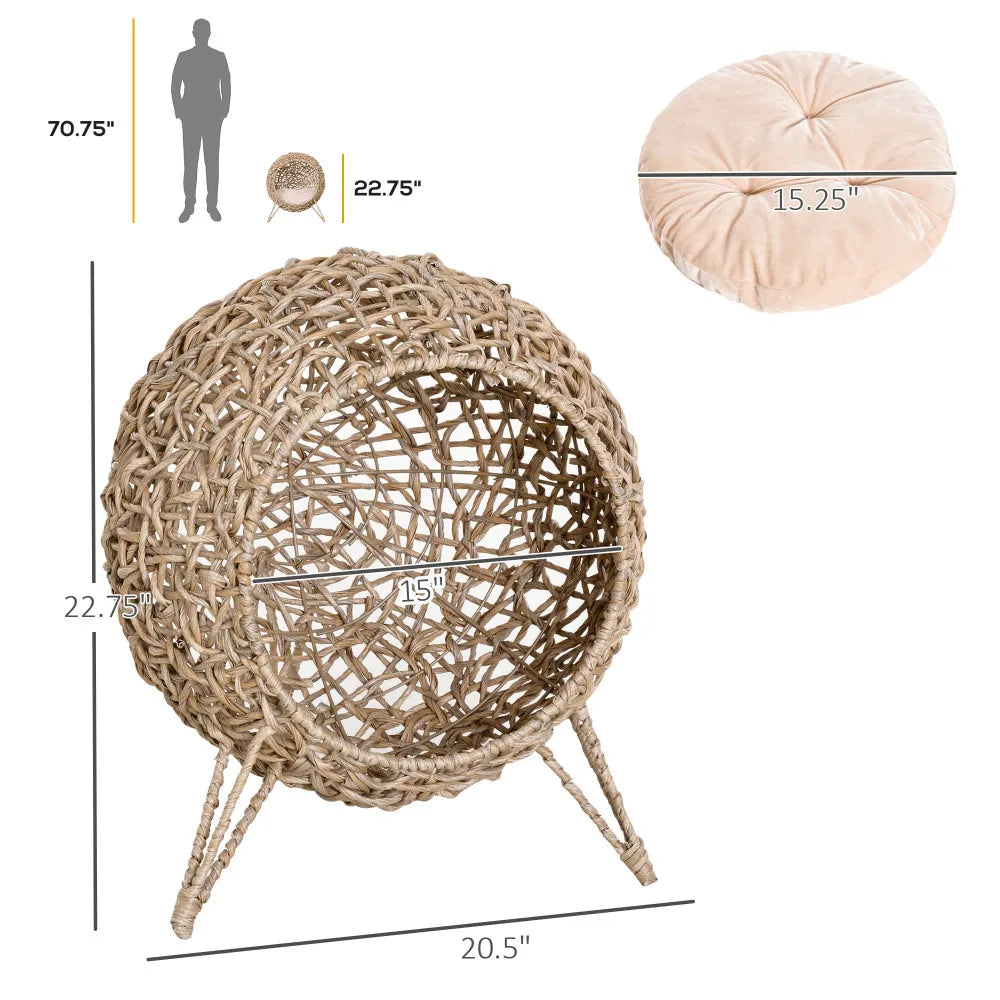 PawHut 20.5" Weaved Cat Bed: Elevated Hand-woven Braided Banana Leaf Kitten House Condo with Cushion, Beige