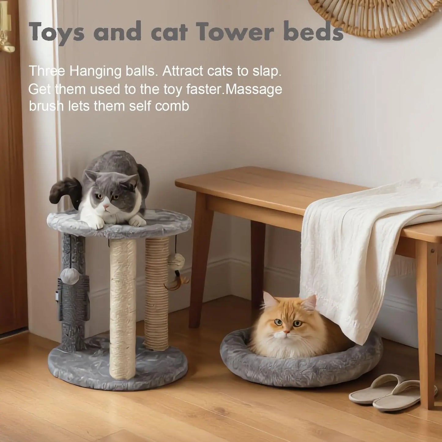 4in1 Cat Tree with Scratching Posts, Soft Bed, Hanging Toys & Massage Brush for Indoor Cats