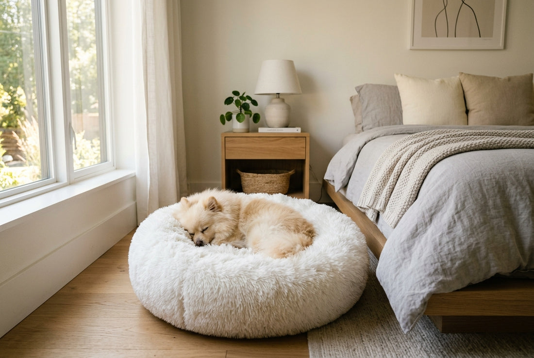A small dog curled up sleeping inside a fluffy white donut calming dog bed in a cozy bedroom