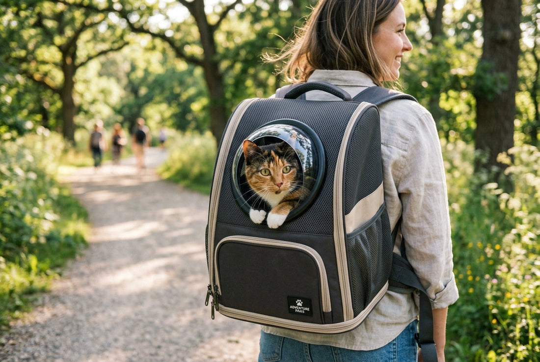 Ginger cat sitting securely inside a bubble travel backpack outdoors