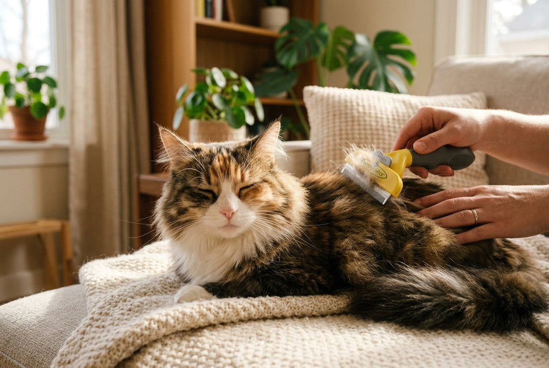 Calm long-haired cat being brushed gently on a table