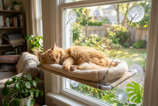 Happy domestic cat sleeping in a window sill hammock during summer day