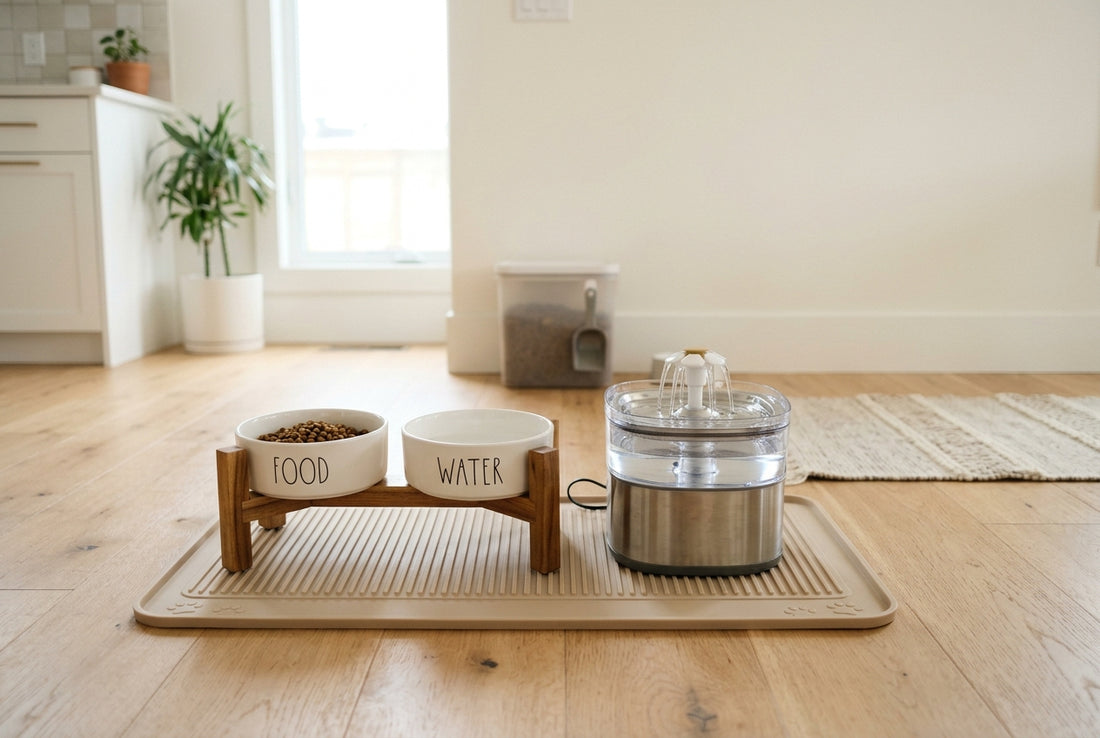 A clean and organized pet feeding station with elevated ceramic bowls and automatic water dispenser