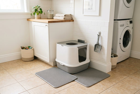 A clean cat litter station with a modern covered box and double mat to prevent tracking