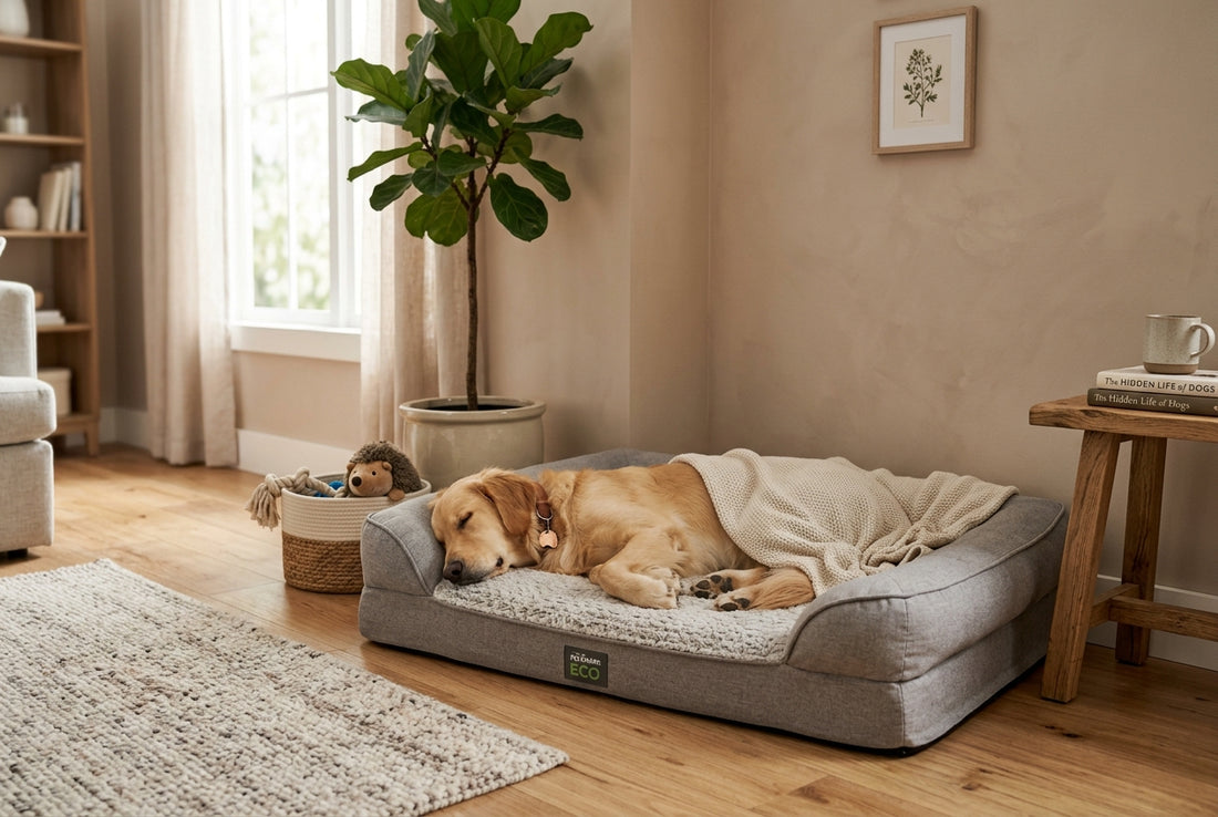 A cozy orthopedic dog bed with a sleeping dog