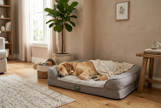 A cozy orthopedic dog bed with a sleeping dog
