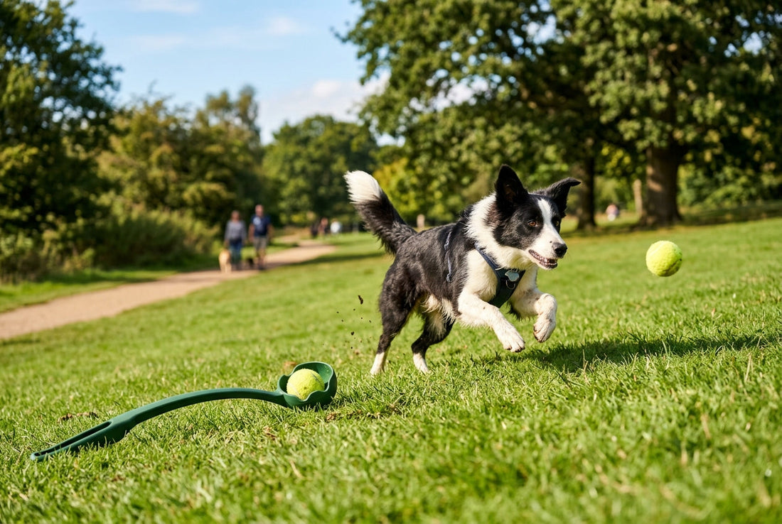 Golden retriever jumping to catch fetch ball in mid-air