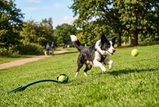 Golden retriever jumping to catch fetch ball in mid-air