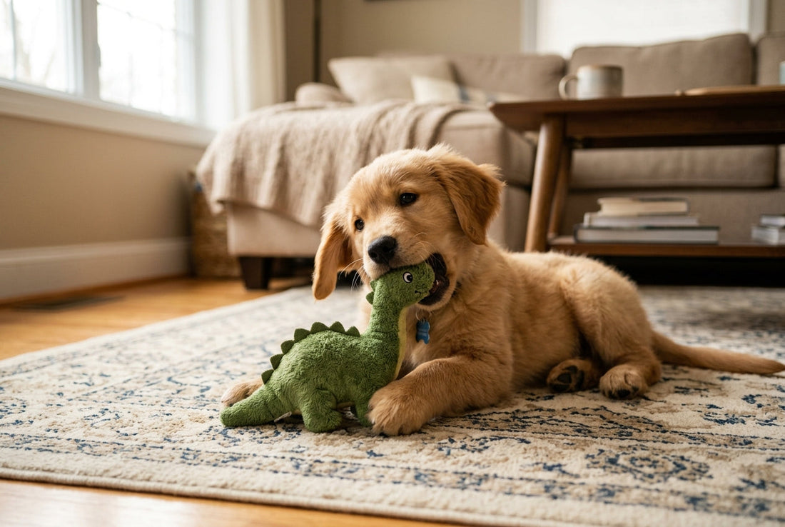 Happy puppy playing with squeaky plush toys in a home living room