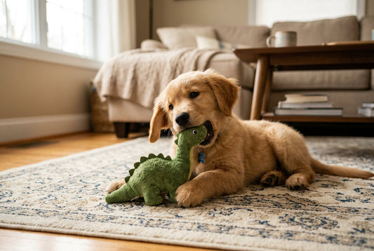 Happy puppy playing with squeaky plush toys in a home living room