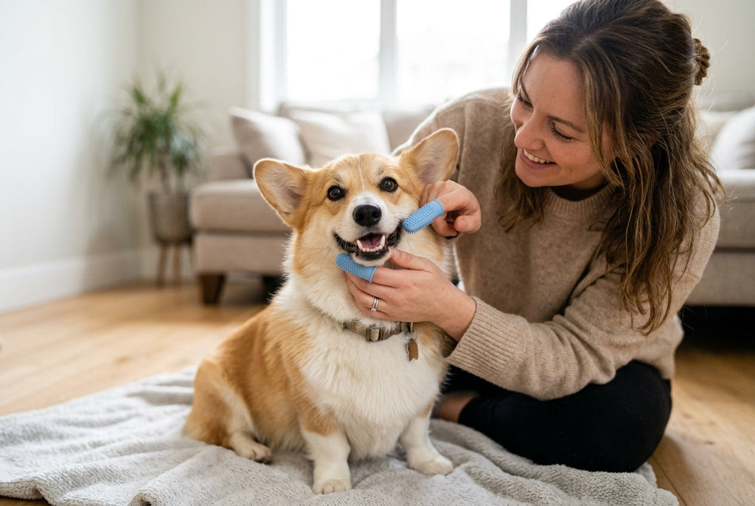 Dog parent cleaning their puppy's teeth with a blue finger toothbrush