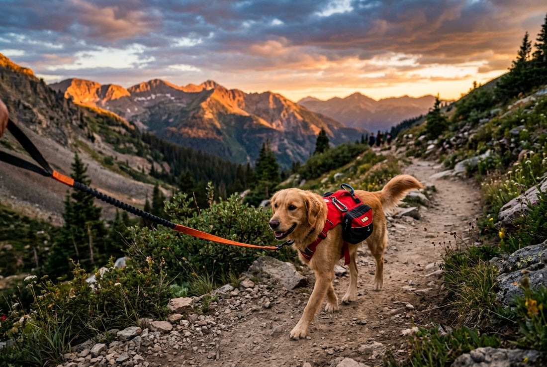 A dog wearing a red hiking harness walking along a mountain trail connected to a hands-free leash at sunset