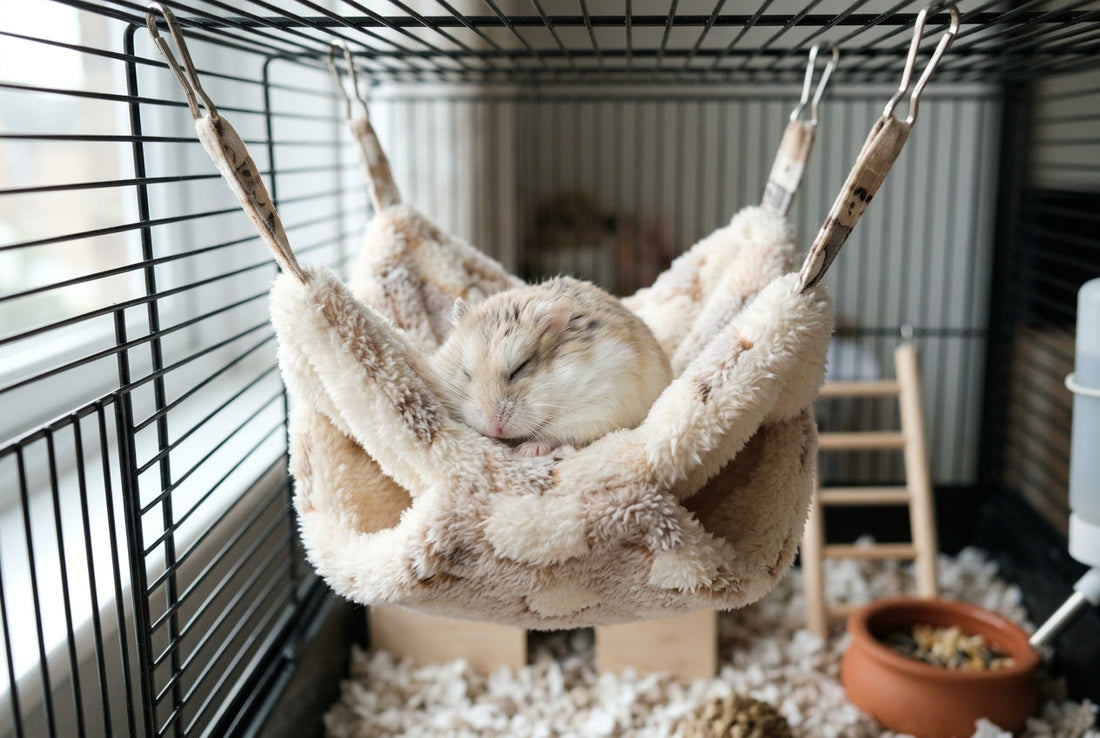 Small hamster peeking out from a warm pink cage hanging hammock