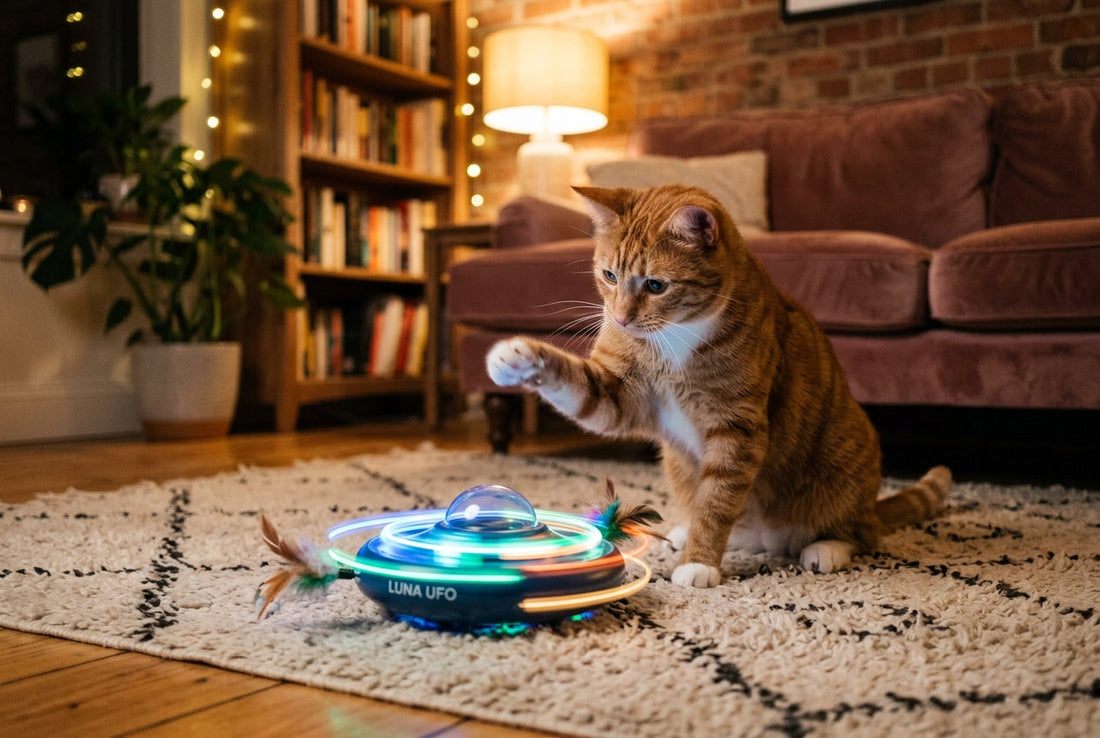 Cat playing with an interactive turntable toy with moving feathers