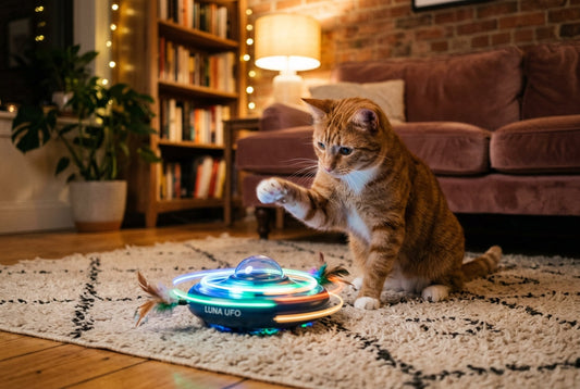 Cat playing with an interactive turntable toy with moving feathers