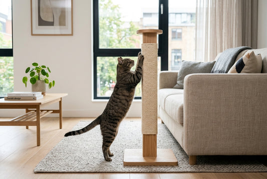 A tabby cat stretching and scratching a modern wood and sisal cat scratching post in a modern apartment