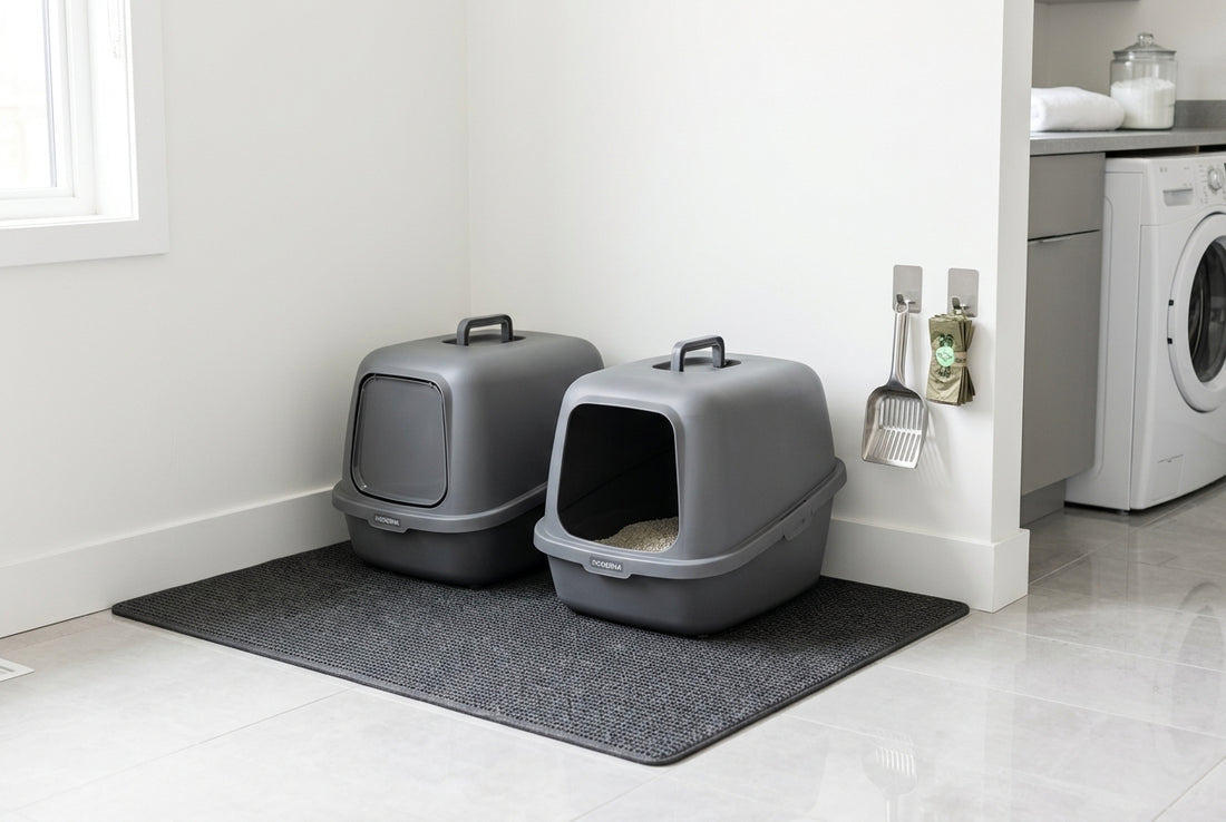 A clean and organized double cat litter box setup with grey enclosed boxes and scoop in a modern laundry room corner