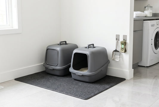 A clean and organized double cat litter box setup with grey enclosed boxes and scoop in a modern laundry room corner