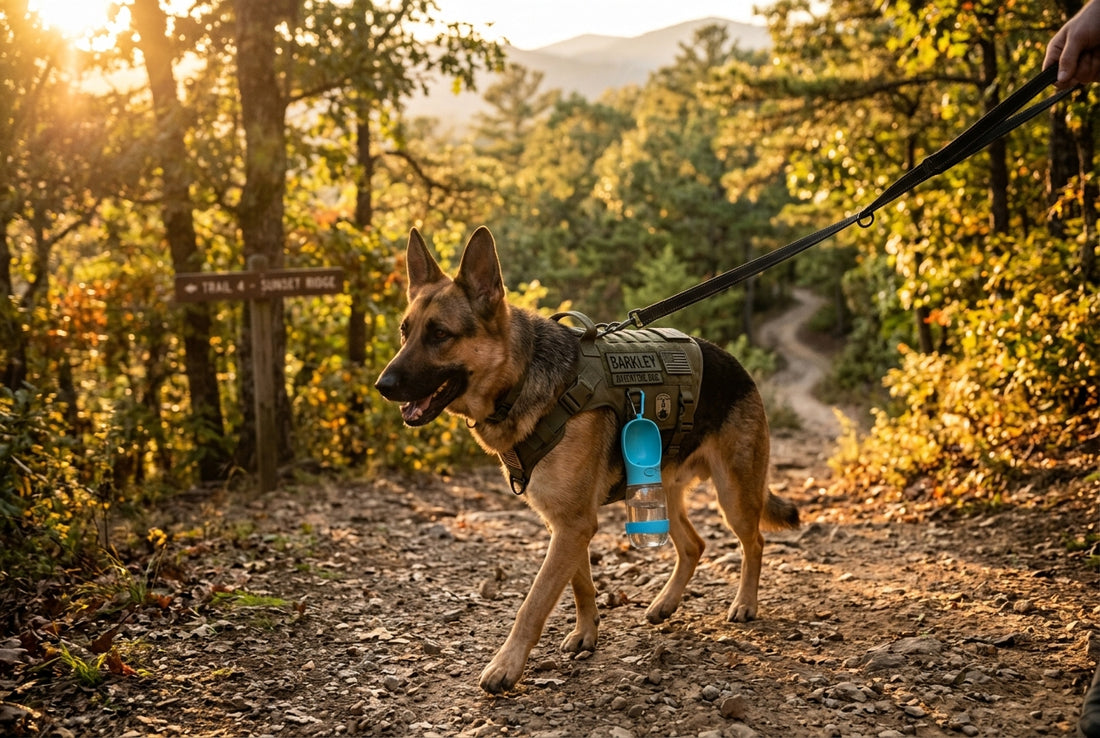 A German Shepherd dog wearing a tactical harness walking on a scenic park trail