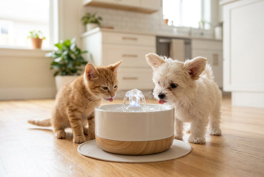 Cat drinking water from an automatic stainless steel water fountain