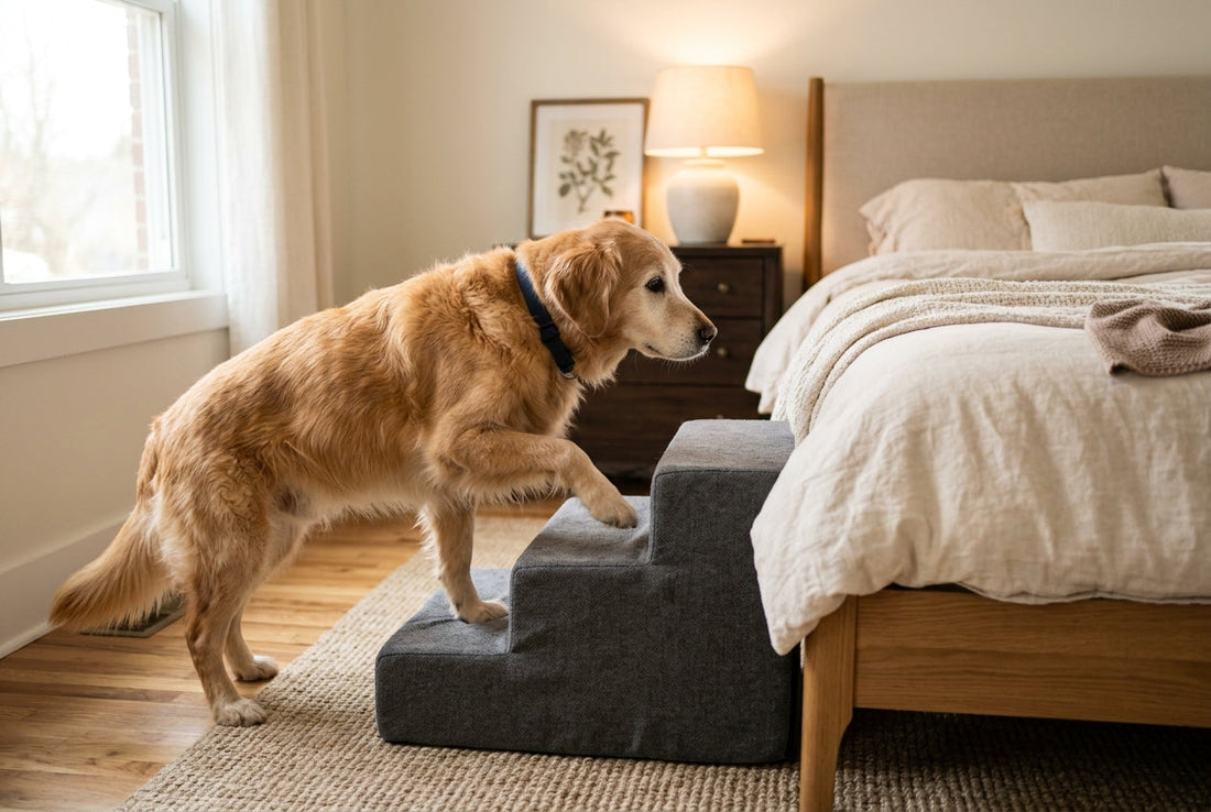 Cozily lit room with a Golden Retriever sitting near foam dog stairs