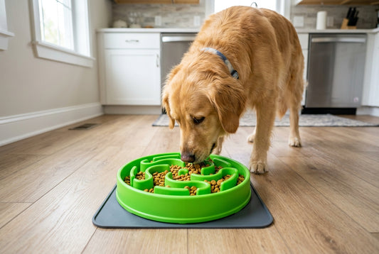 A golden retriever eating from a green slow feeder maze puzzle dog bowl on a clean kitchen floor