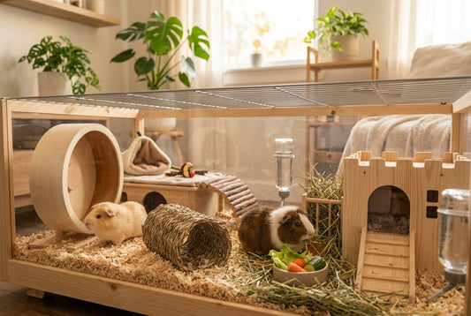 A spacious wooden guinea pig cage with houses, tunnels, and hay