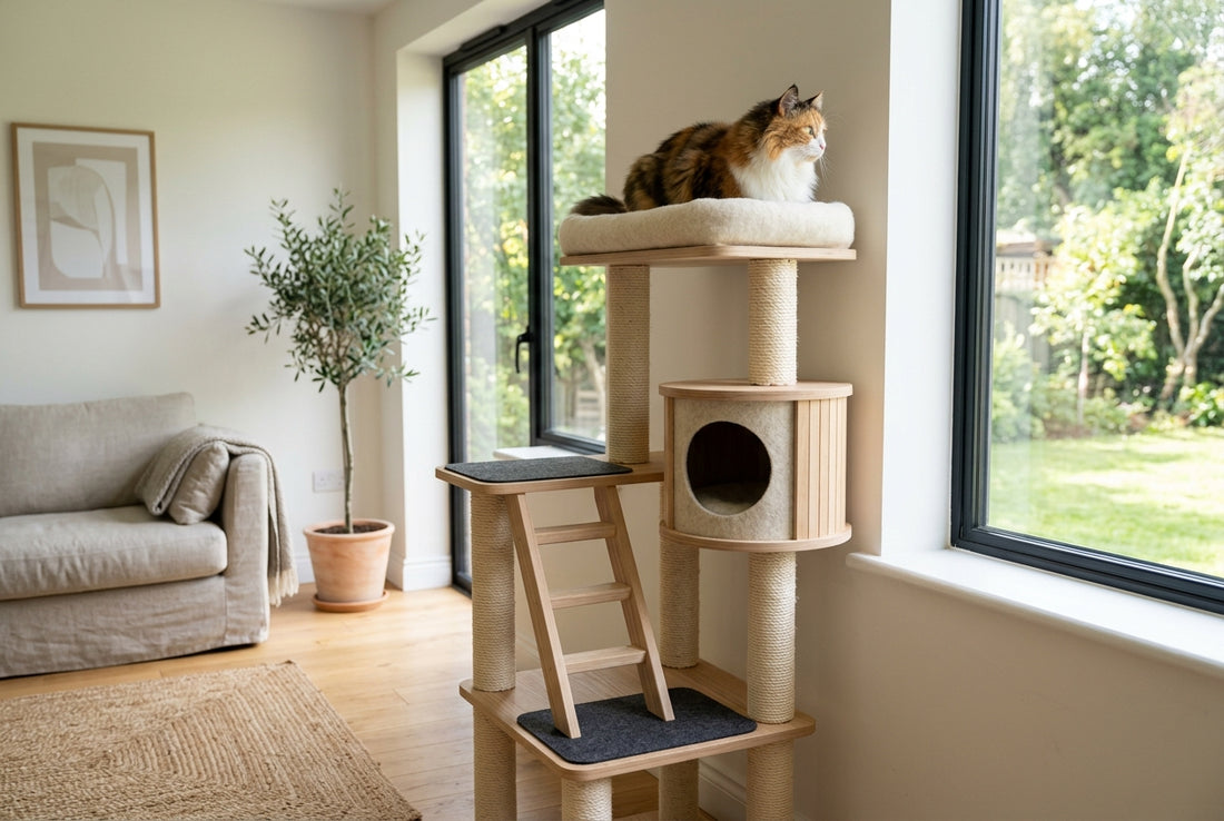 A modern minimalist wooden cat tree tower next to a bright window with a cat perched on top