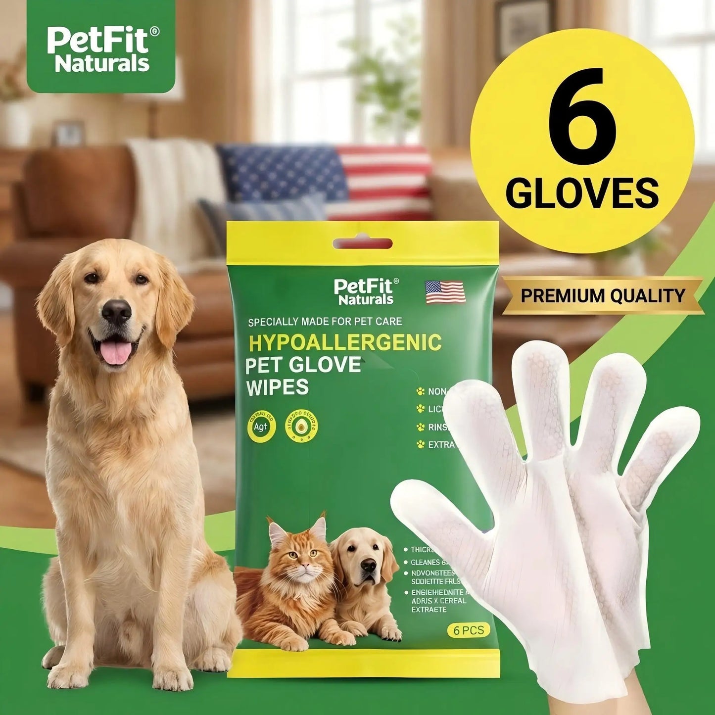 PetFit 6Pcs Hypoallergenic Pet Glove Wipes for Dogs Cats No Rinse Cat Grooming Cleaning Wipes Dog Bath Body Deodorizing Wipes
