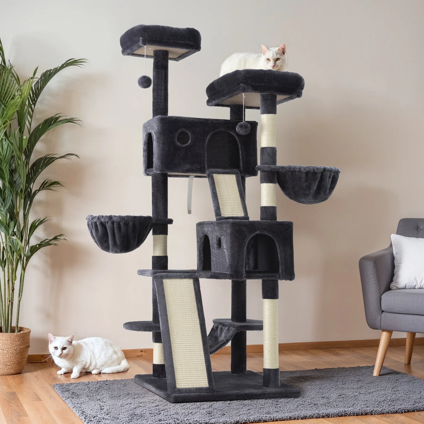 65in Large Multi-Level Cat Tree Tower with Plush Perches & Baskets - front view