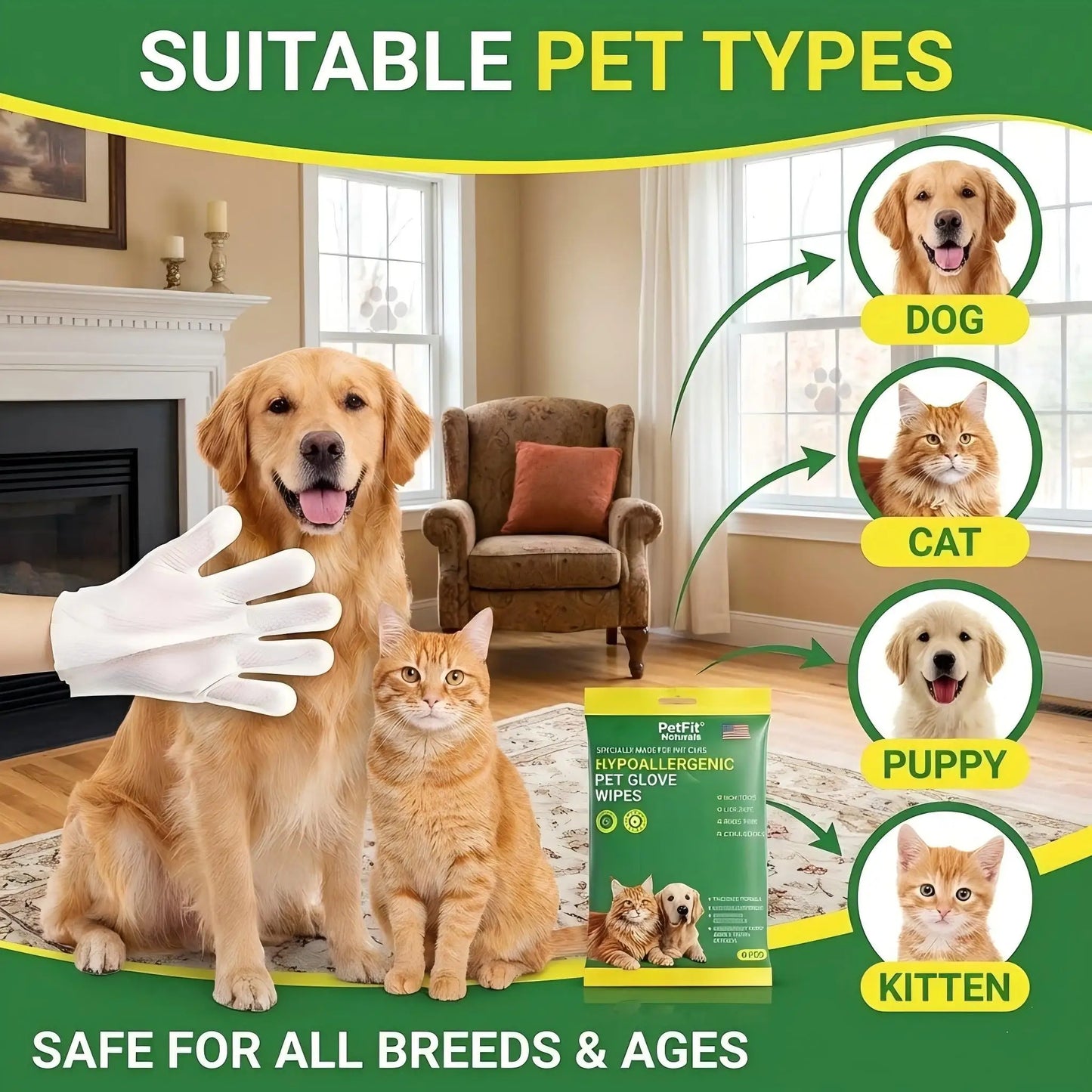 PetFit 6Pcs Hypoallergenic Pet Glove Wipes for Dogs Cats No Rinse Cat Grooming Cleaning Wipes Dog Bath Body Deodorizing Wipes