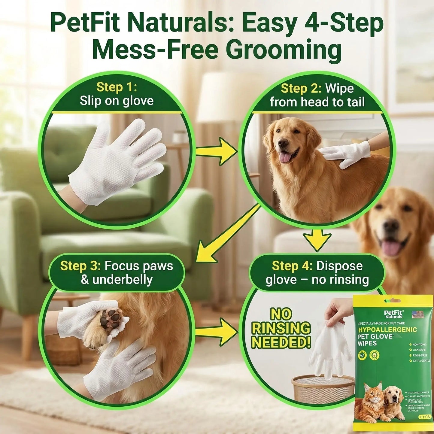 PetFit 6Pcs Hypoallergenic Pet Glove Wipes for Dogs Cats No Rinse Cat Grooming Cleaning Wipes Dog Bath Body Deodorizing Wipes