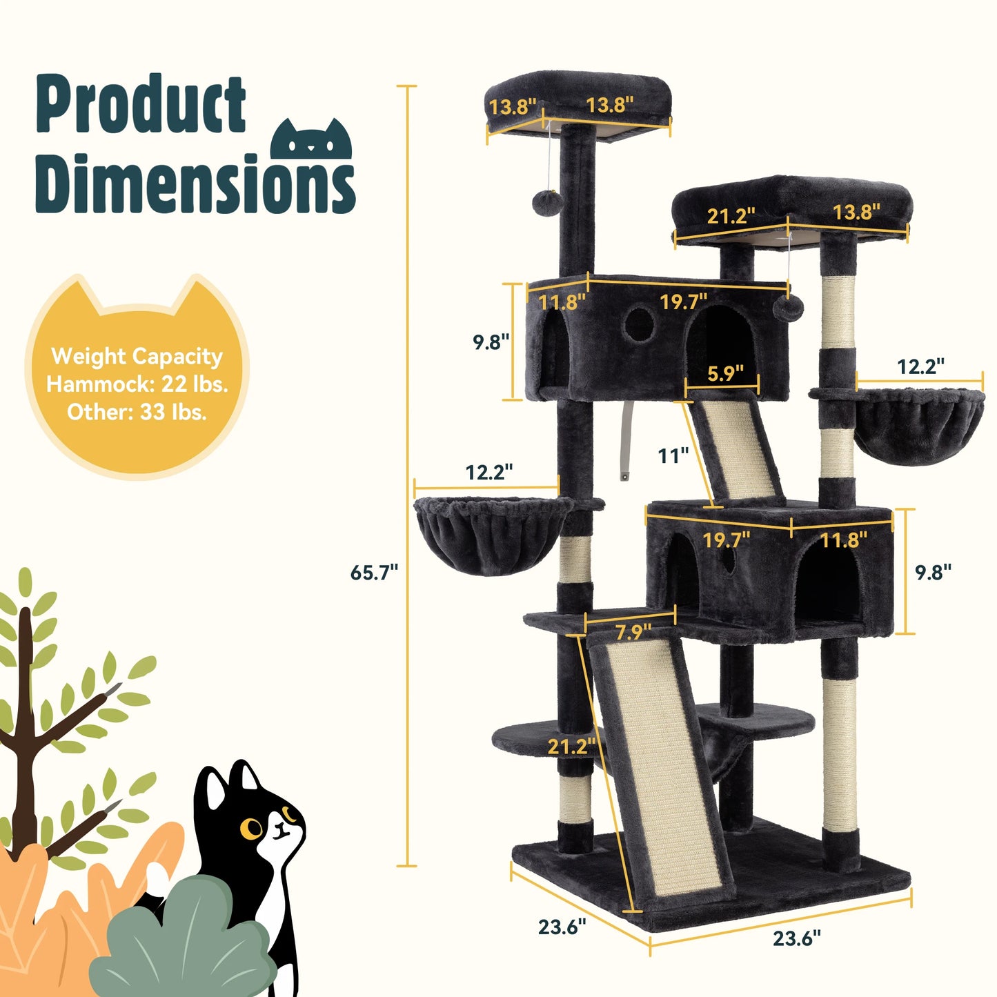 65in Large Multi-Level Cat Tree Tower with Plush Perches & Baskets