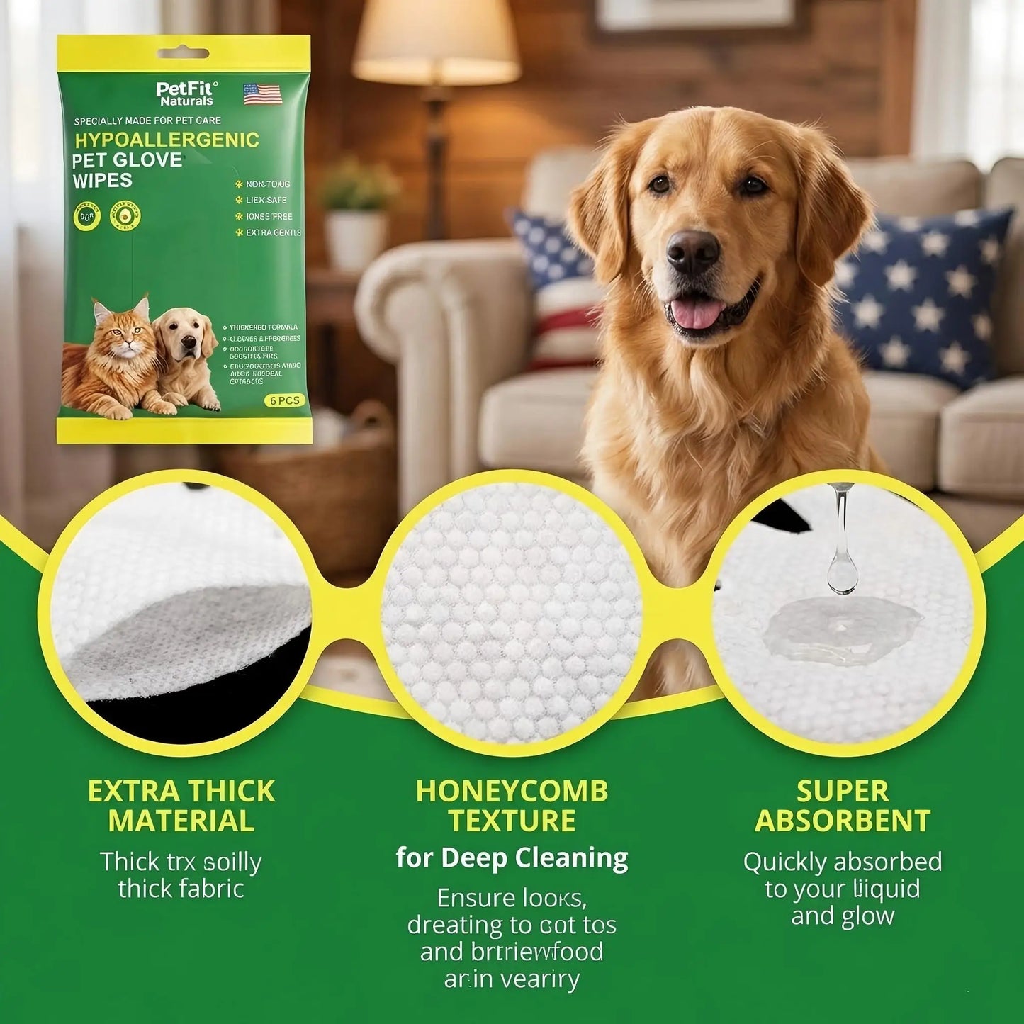 PetFit 6Pcs Hypoallergenic Pet Glove Wipes for Dogs Cats No Rinse Cat Grooming Cleaning Wipes Dog Bath Body Deodorizing Wipes