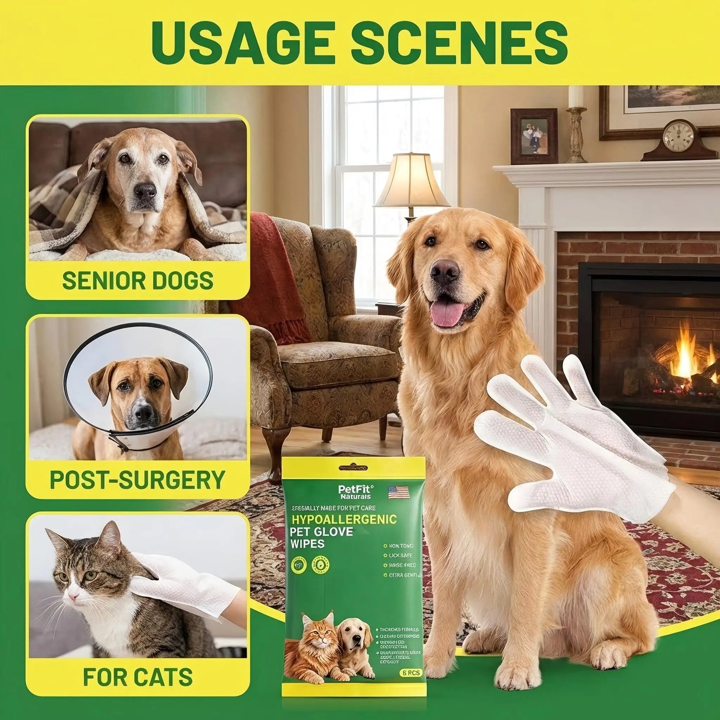 PetFit 6Pcs Hypoallergenic Pet Glove Wipes for Dogs Cats No Rinse Cat Grooming Cleaning Wipes Dog Bath Body Deodorizing Wipes