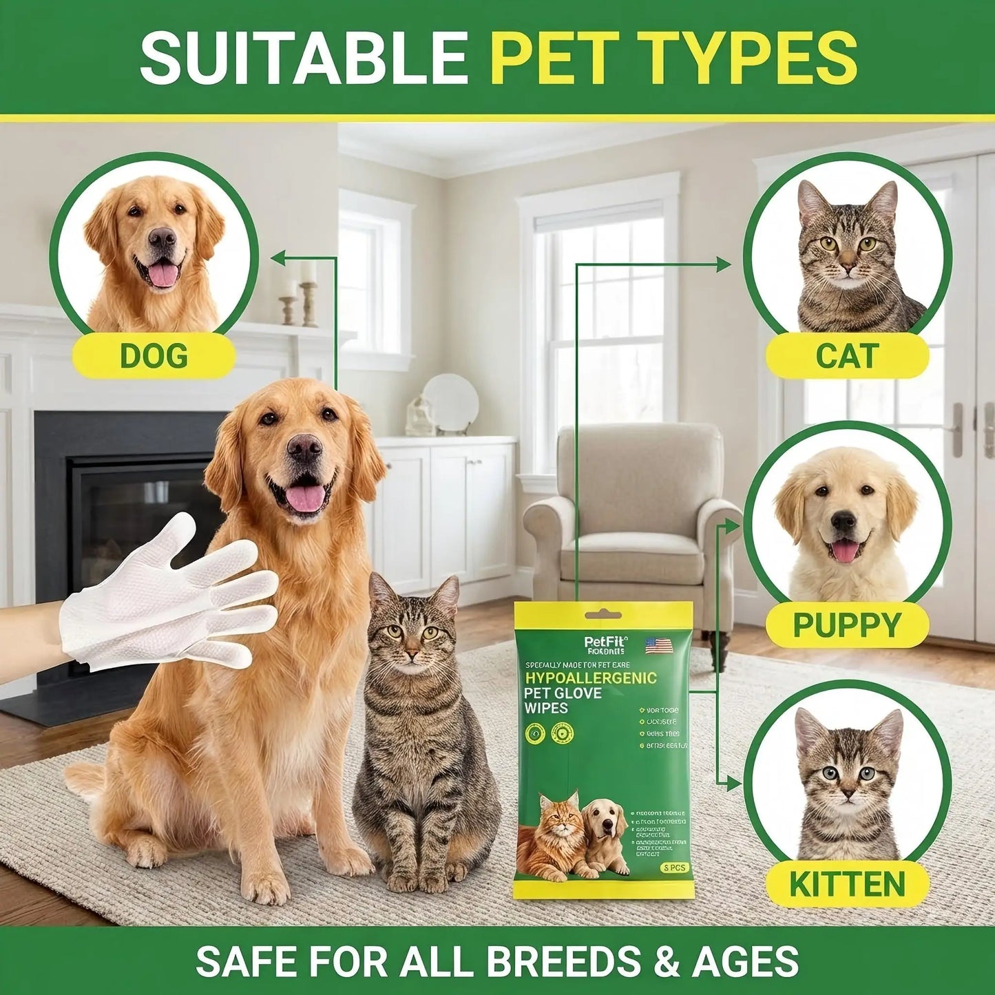 PetFit 6Pcs Hypoallergenic Pet Glove Wipes for Dogs Cats No Rinse Cat Grooming Cleaning Wipes Dog Bath Body Deodorizing Wipes